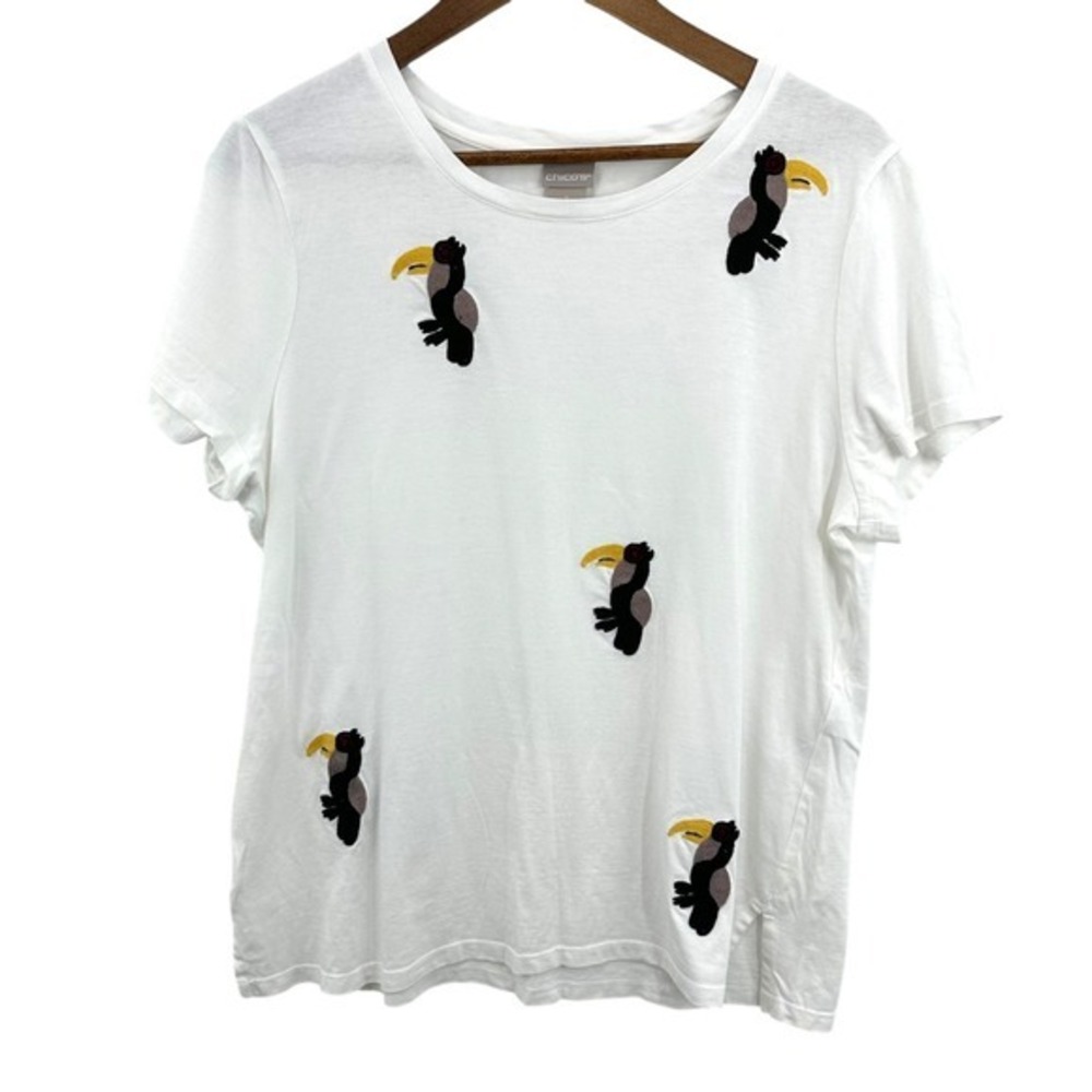 Chico's Women's Large‎ White Toucan Embroidered Short Sleeve Crew Neck T-Shirt